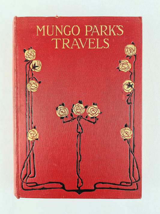 Mungo parks travels. Decorative antique book. Red and gilt cover design 