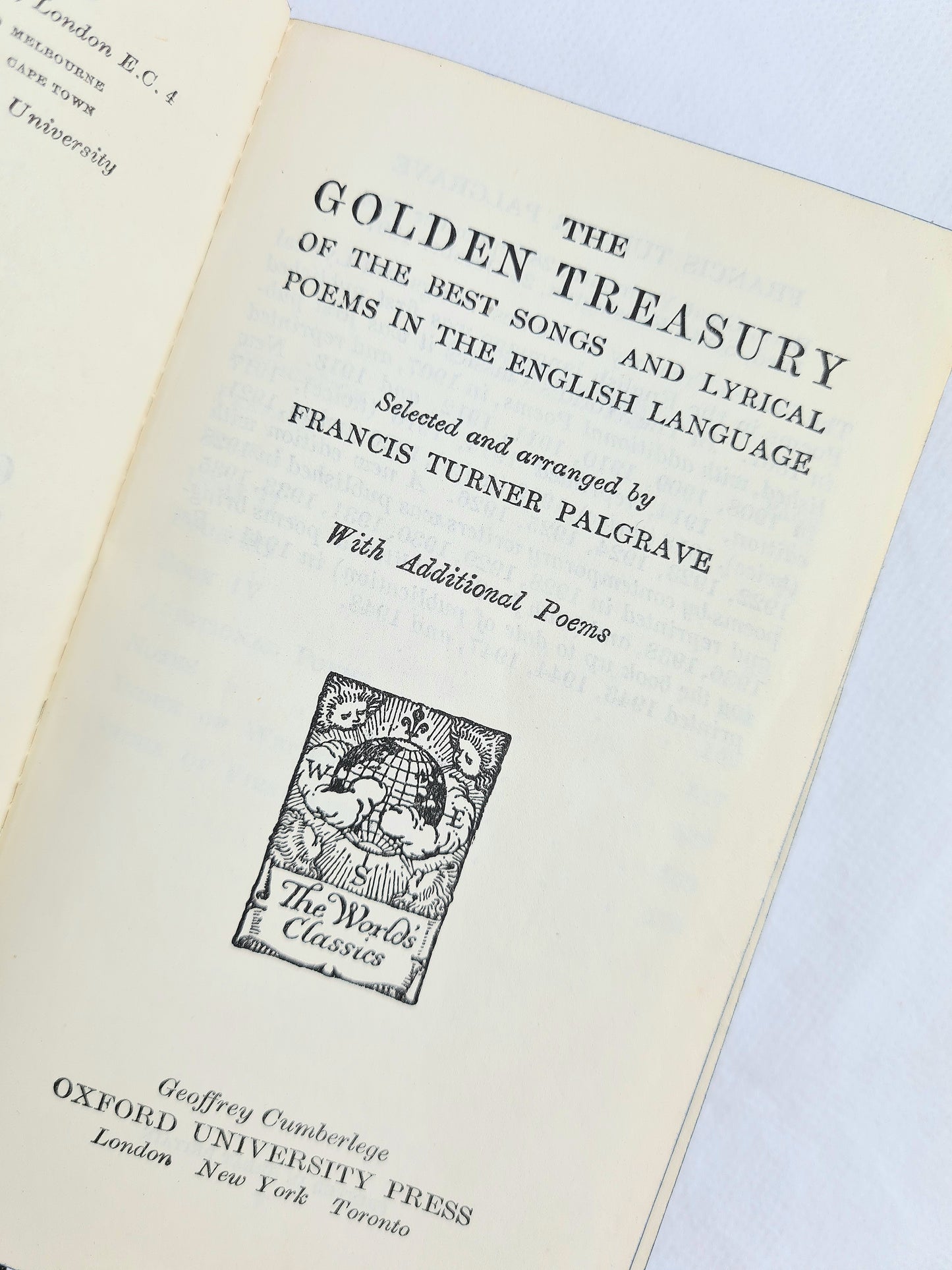 The Golden Treasury of the best songs and lyrical poems in the English language. Palgraves Golden Treasury