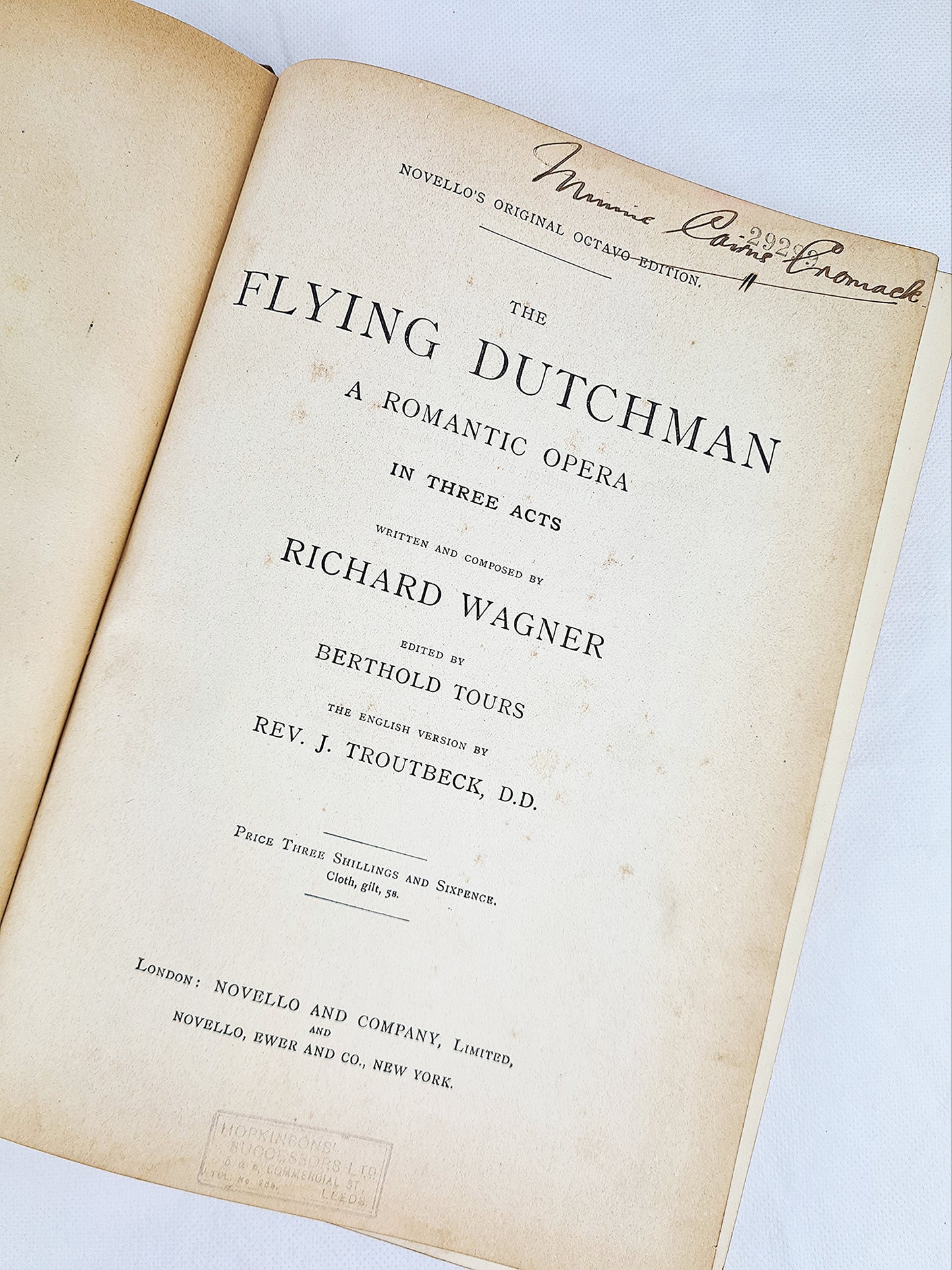 Antique Music Score, The Flying Dutchman. Richard Wagner. A Romantic Opera In Three Acts